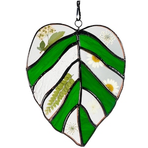 Green and White Monstera Leaf Stained Glass Pressed Flower Window Hanging Suncatcher