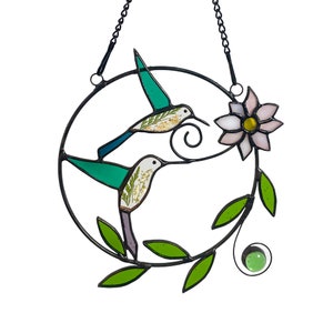 Real Pressed Green Dried Flowers and Hummingbird Stained Glass Suncatchers
