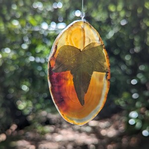 Real pressed ivy leaf botanical agate hanging crystal suncatcher