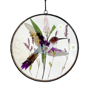 Real Pressed Dried Pteris Flowers and Hummingbird Stained Glass Suncatchers Mother's Day gifts