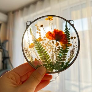 Stained glass frame, suncatcher, botanical dried pressed flower frame, hanging wall art, pressed flower art, pressed flower frame