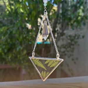 Pressed Fern Leaf Botanical Suncatcher, Real Pressed Dried Flowers - Dangling Suncatcher, Beads, Crystals, Stained Glass