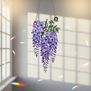 Wisteria Branch Acrylic Holographic Suncatcher Gift for Mom – Floral Window Decor for Spring, Garden Flower Gift, Flower Home decor