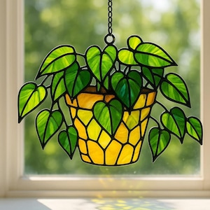 Potted Plant Acrylic Suncatcher, Pothos Leaves Faux Stained Glass Suncatcher, Botanical Window Hanging, Monstera Plant Decor