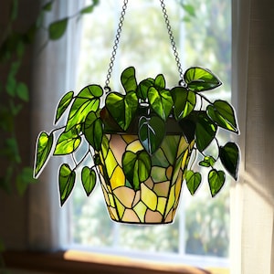 Pothos Leaves Faux Stained Glass Suncatcher, Acrylic Botanical Window Hanging, Monstera Plant Decor, Flower Wall Art, Perfect Gift for Mom