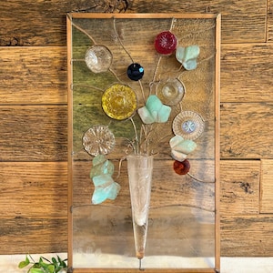 Leaded Glass Suncatcher with Vase, Vintage, Rainbow Colors, Frosted and Pressed Clear Glass, Three Dimensional, Copper Accents and Leaves